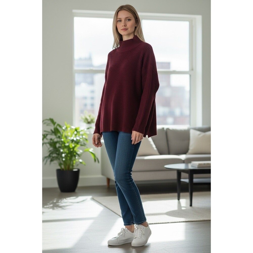 Women's XL Tocco Reale Burgundy Cashmere Blend Ribbed Mock Neck Sweater Pullover